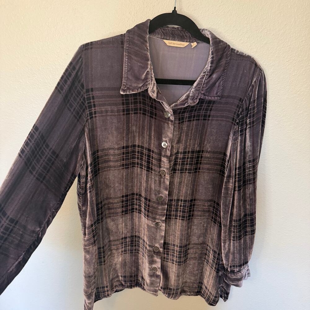 Soft Surroundings Purple Velvet Silk Plaid Long Sleeve Button Up Blouse Size M